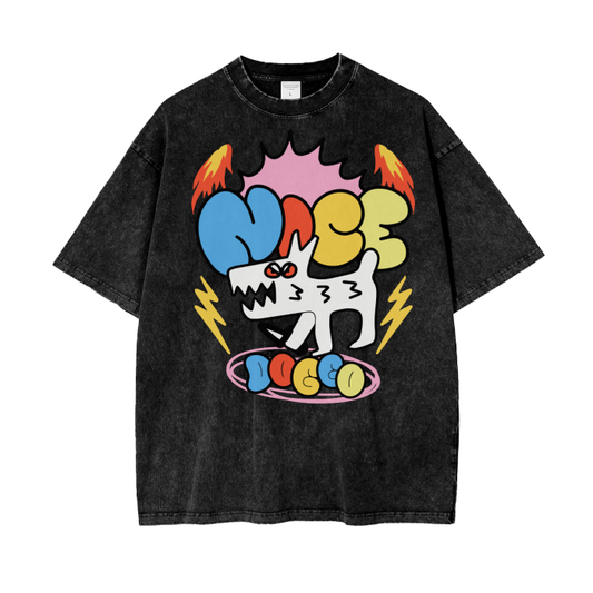 Face Colorful Acid Wash Oversize T-Shirt Front/Back