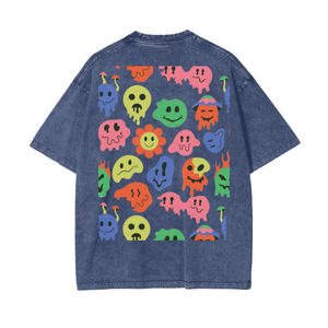 Face Colorful Acid Wash Oversize T-Shirt Front/Back