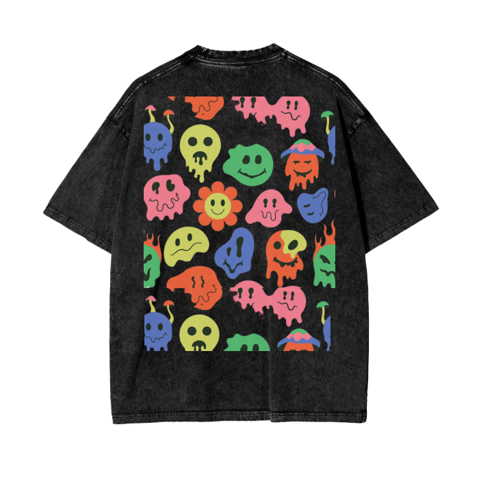 Face Colorful Acid Wash Oversize T-Shirt Front/Back