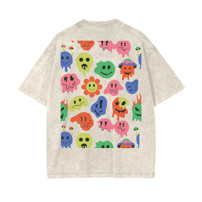 Face Colorful Acid Wash Oversize T-Shirt Front/Back